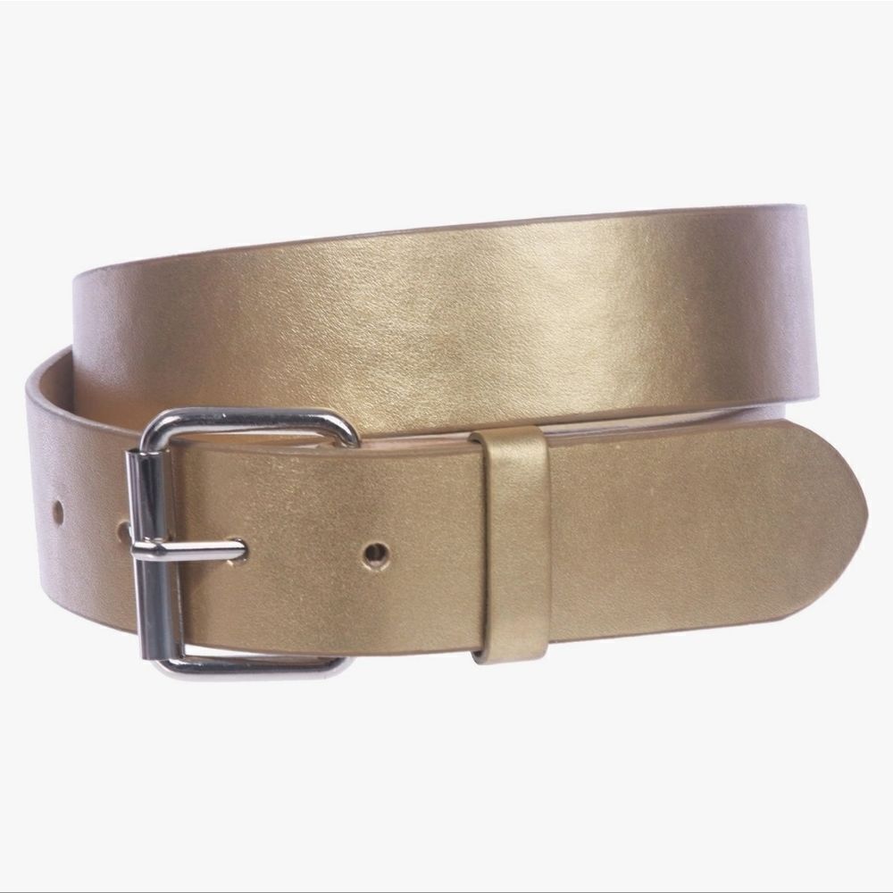 🔸️Metallic Gold w/Silver Toned Roller Buckle Bonded Leather Belt Med/Large